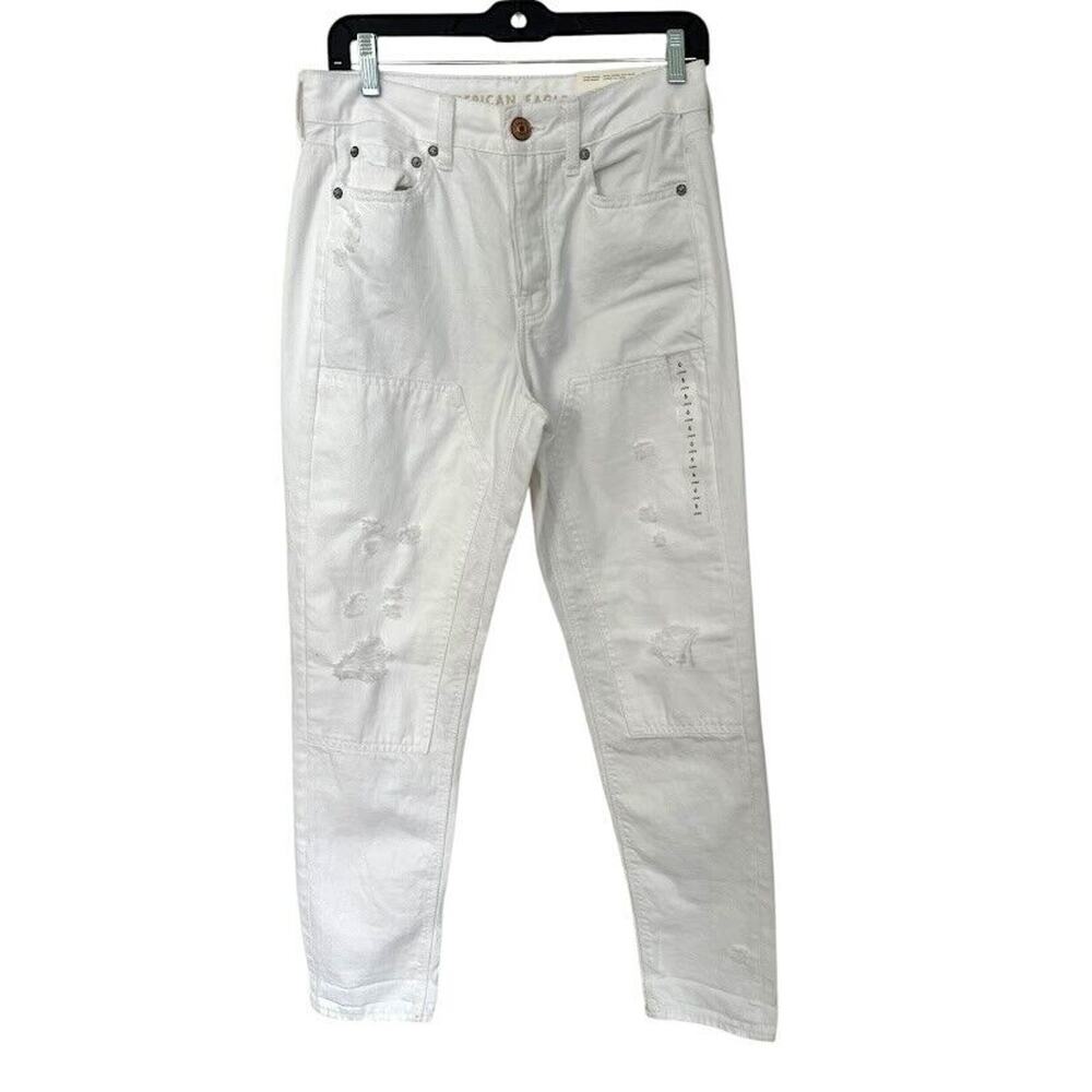 AMERICAN EAGLE Hi-Rise Tomgirl Denim‎ Jeans Size 6 Long White Distressed NEW